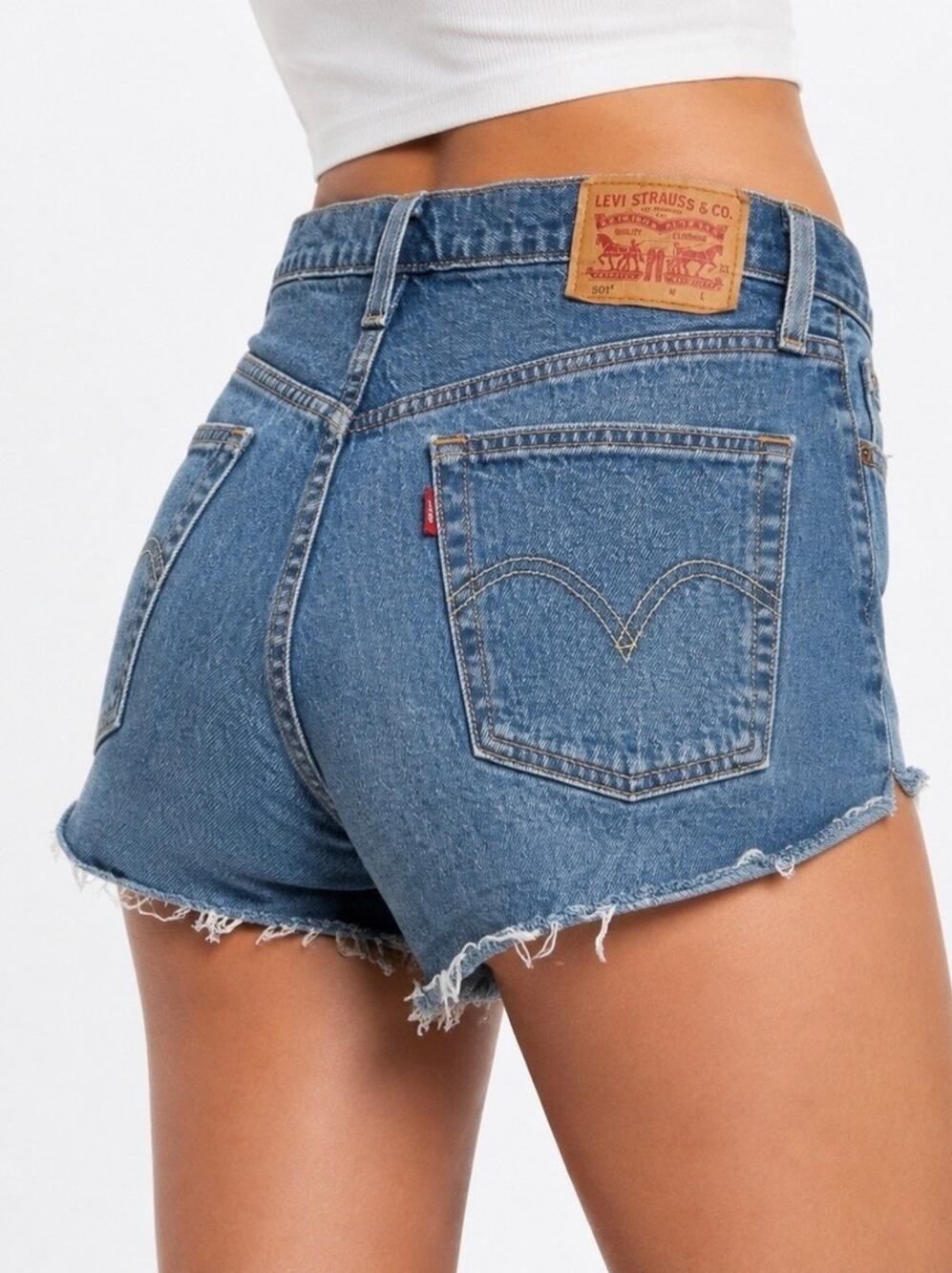 Levis 501 Cut Off Blue Jean Shorts Womens 27" Medium Wash Frayed Hem High Rise
